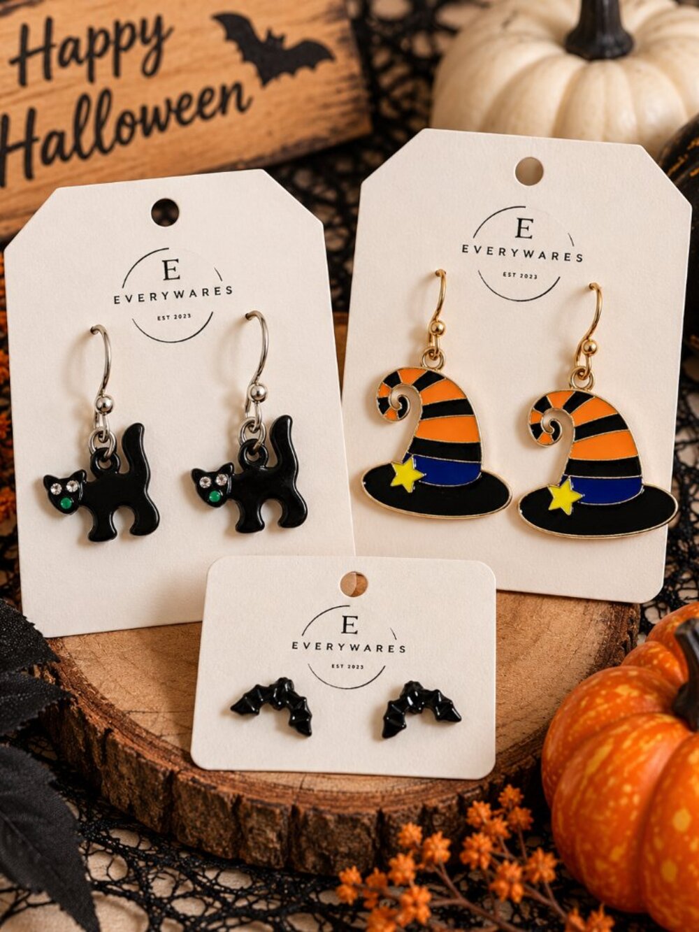 Halloween Enamel Earrings Set of 3 Bat Cat Witch Hat Spooky